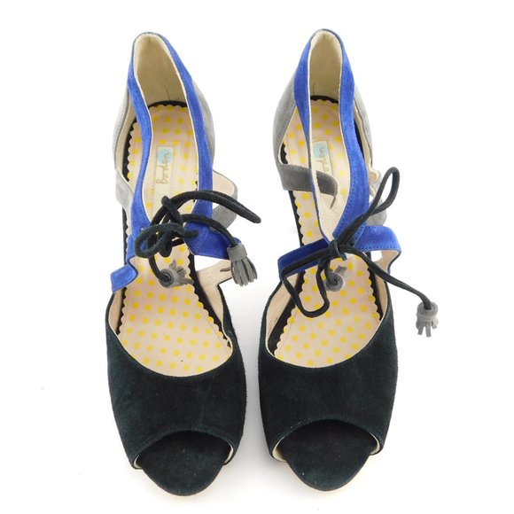 BODEN Black Gray Blue Suede Leather Tassel Tie Ankle Caged Heel Pumps 39 - Picture 4 of 10